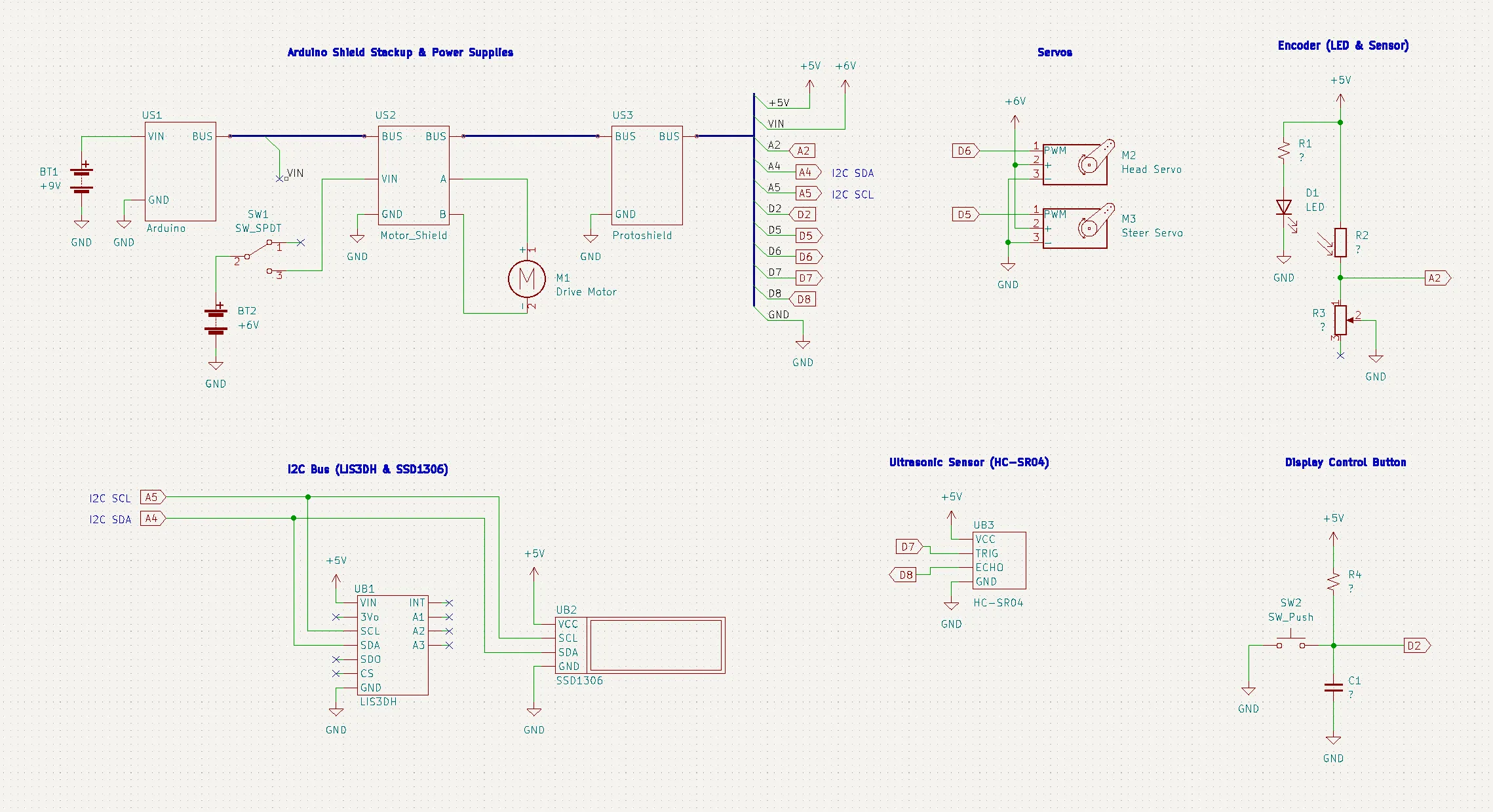 RoverBot's full schematic: Arduino shield stack with dual supplies, head and steer servos, encoder LED and sensor pair, I2C bus (LIS3DH, SSD1306), HC-SR04, display button