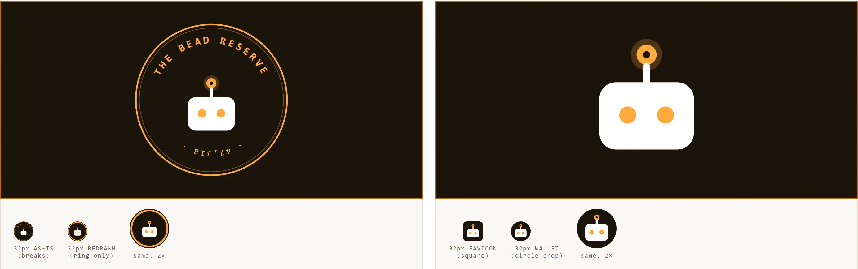 Two mockups side by side on dark panels. Left: Henry inside a ring lettered THE BEAD RESERVE with 47,318 at the bottom. Right: Henry alone, larger. Under each, the mark at 32px and at double size.