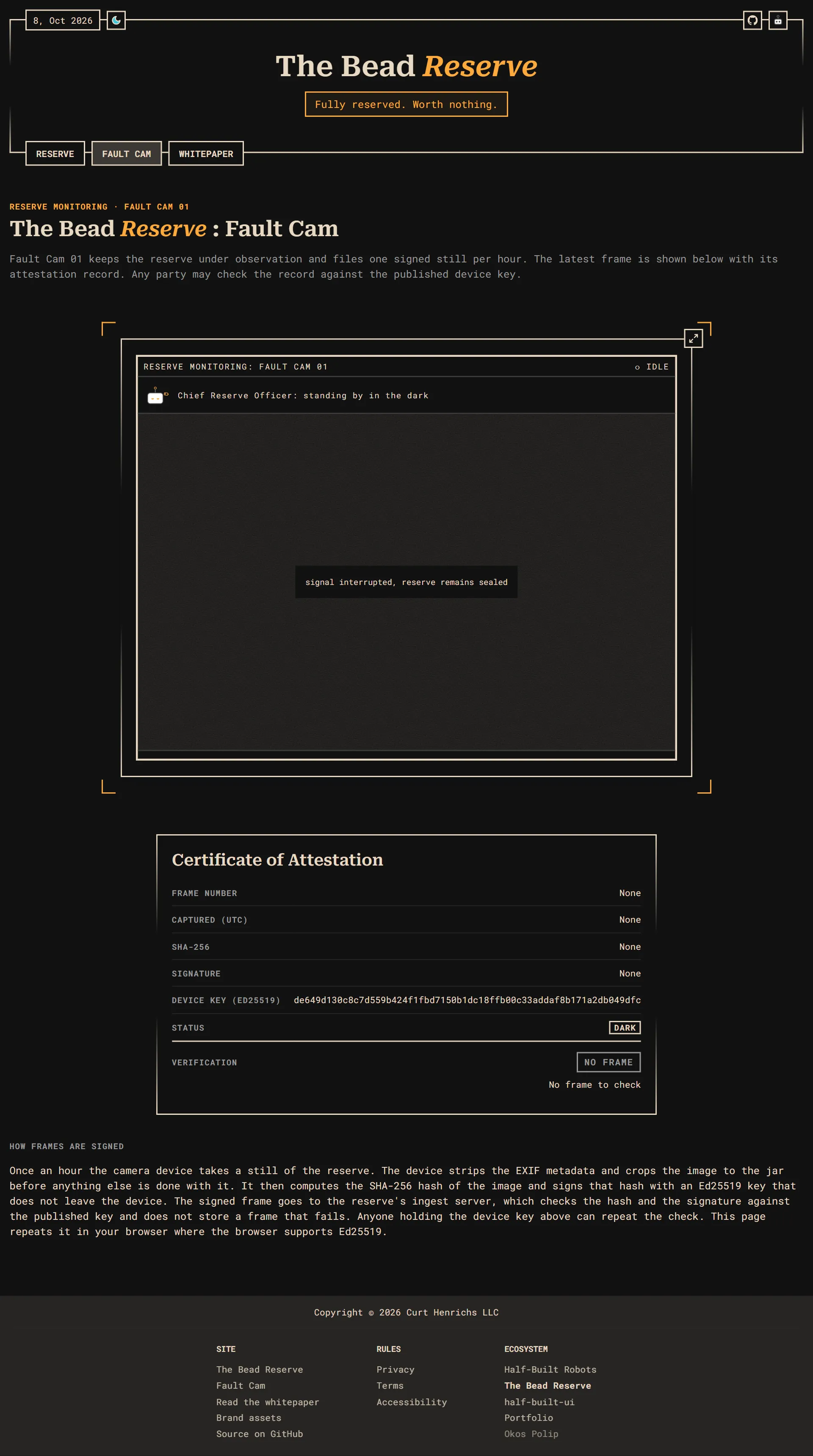The Fault Cam page in the dark theme.