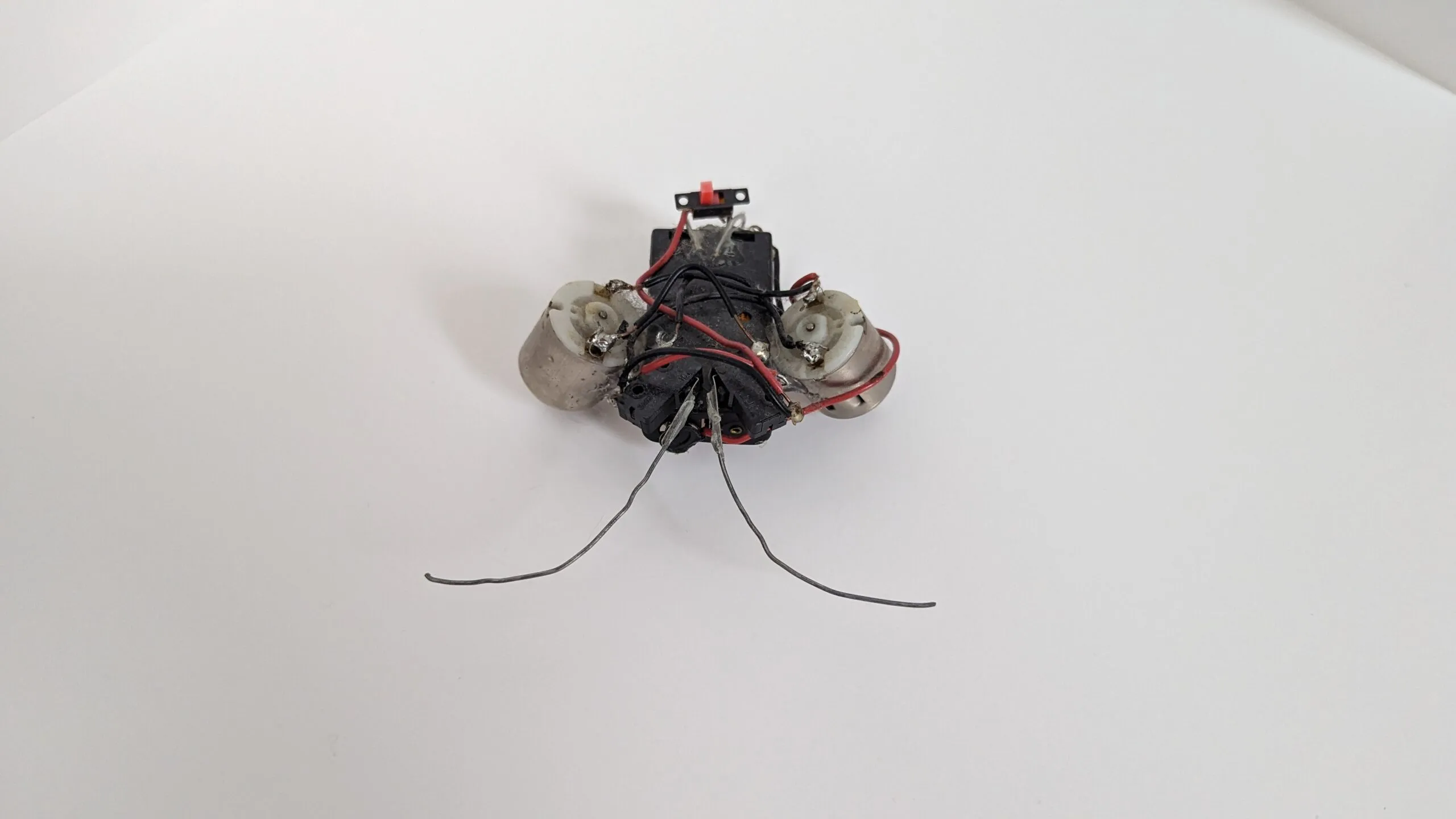Rear three-quarter view of a Beetle, red power switch at the tail and wire feelers reaching ahead