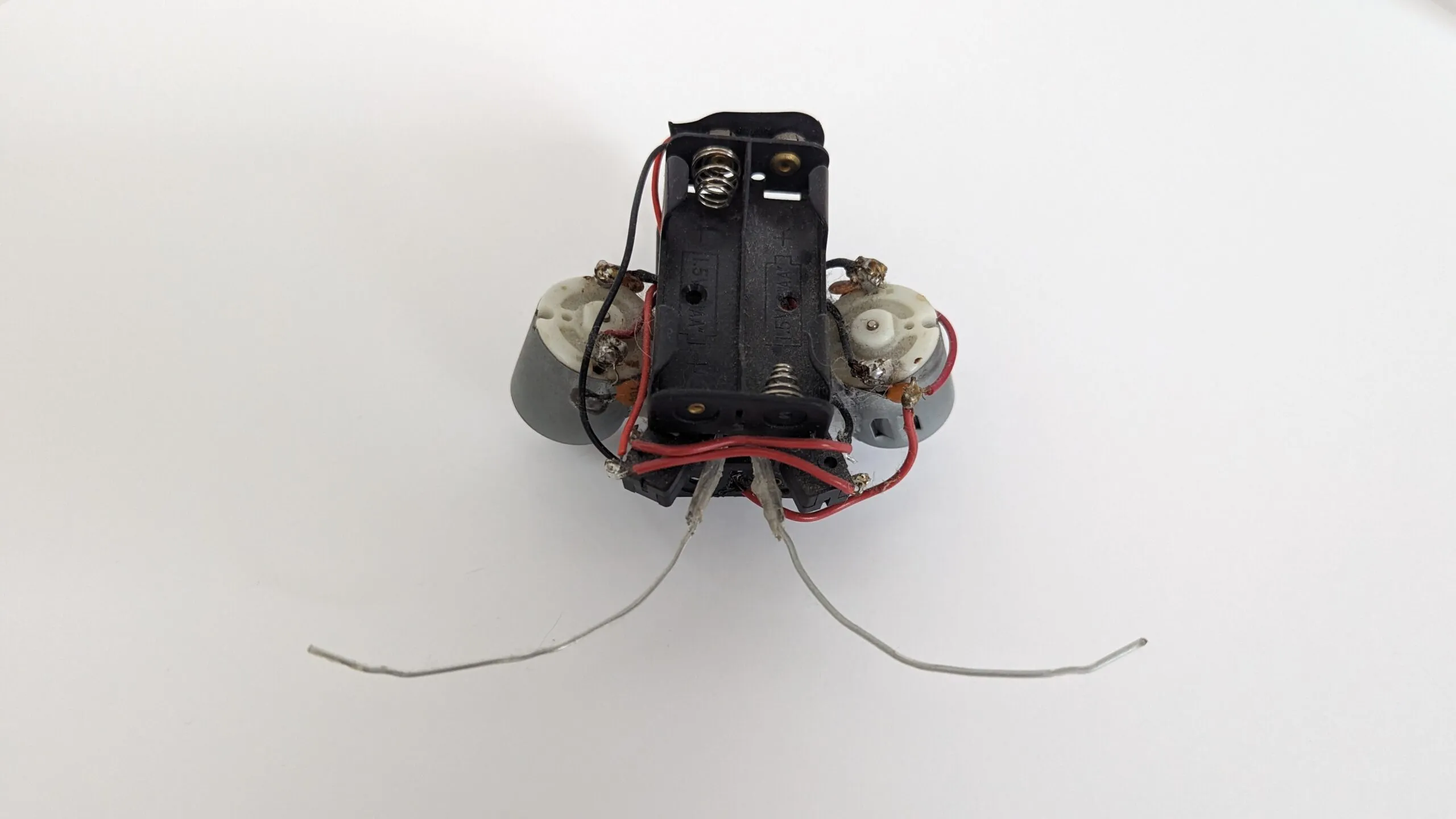 Top-down view of a Beetle, motors flanking the battery holder, feeler wires trailing back
