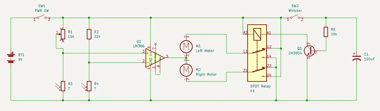 Herbie schematic: an LM386 compares two photoresistors to steer the twin motors, with a whisker switch and DPDT relay for reverse