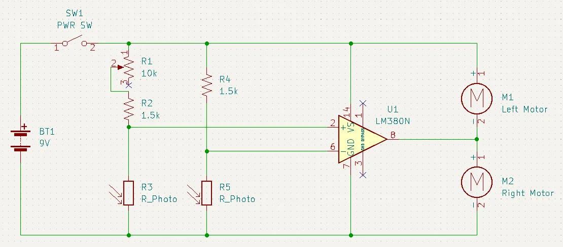 NoBB schematic: an LM380N compares photoresistors R3 and R5 to drive the left and right motors from a 9V