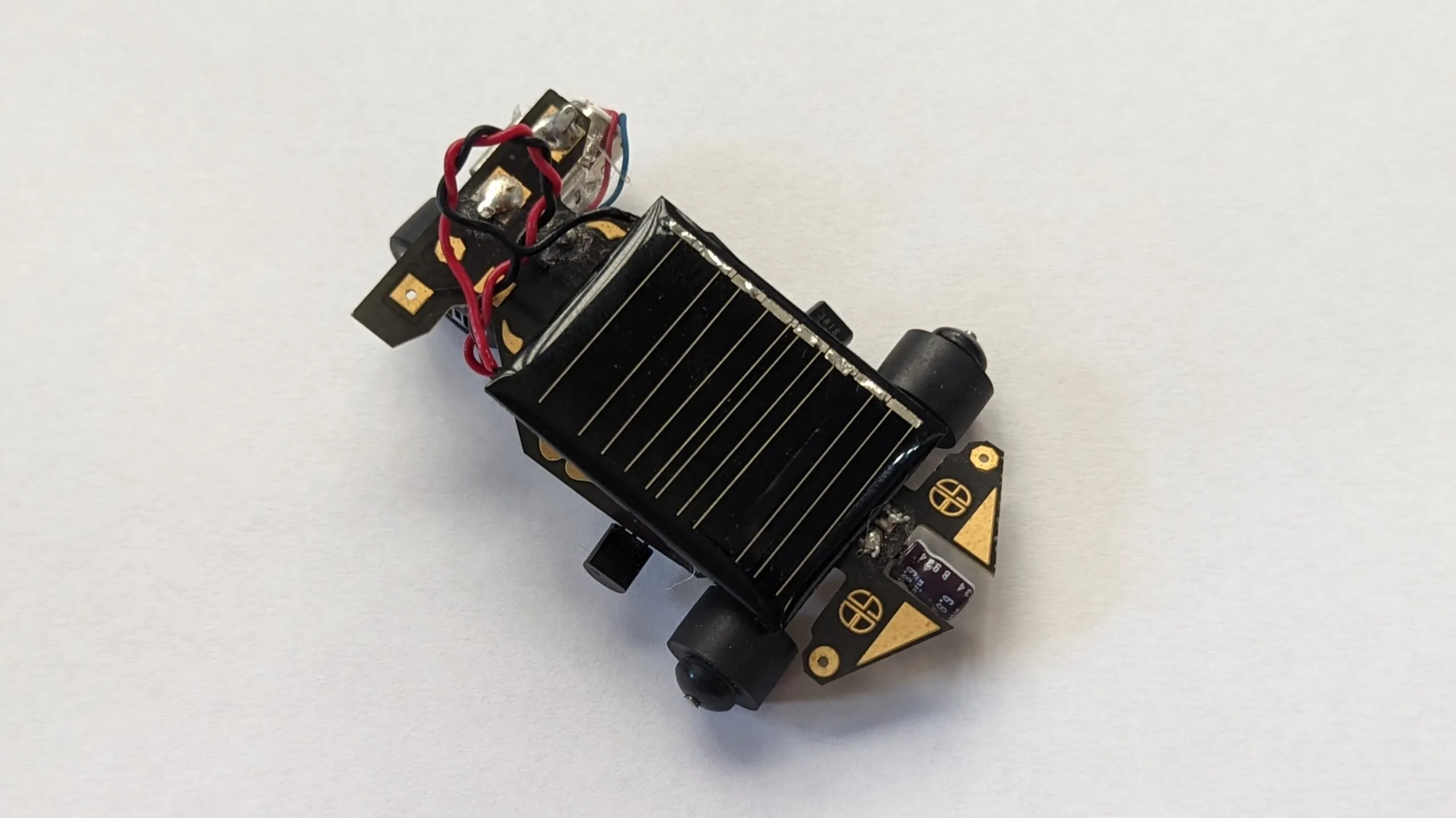 The Solar Roller in 2022: top view with the small solar cell overhanging the PCB chassis