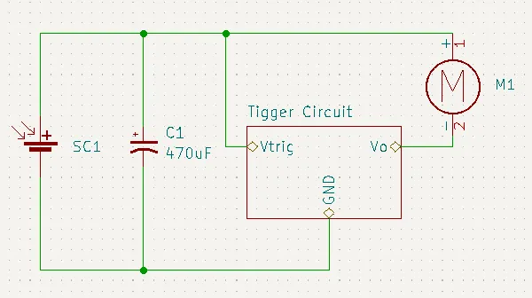 SymFlower v0 schematic: solar cell and 470 uF cap feeding a trigger-circuit block that fires the motor (silkscreen reads "Tigger Circuit", owner may enjoy knowing)