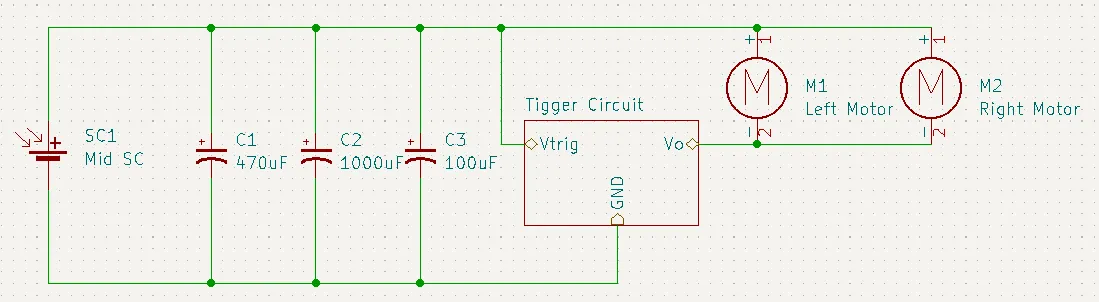SymFlower v1 schematic: one solar cell into a three-capacitor bank (470/1000/100 uF) triggering left and right motors