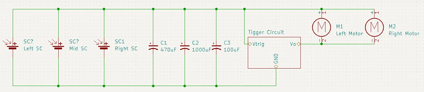 SymFlower v2 schematic: three solar cells feeding the capacitor bank and trigger circuit driving both motors