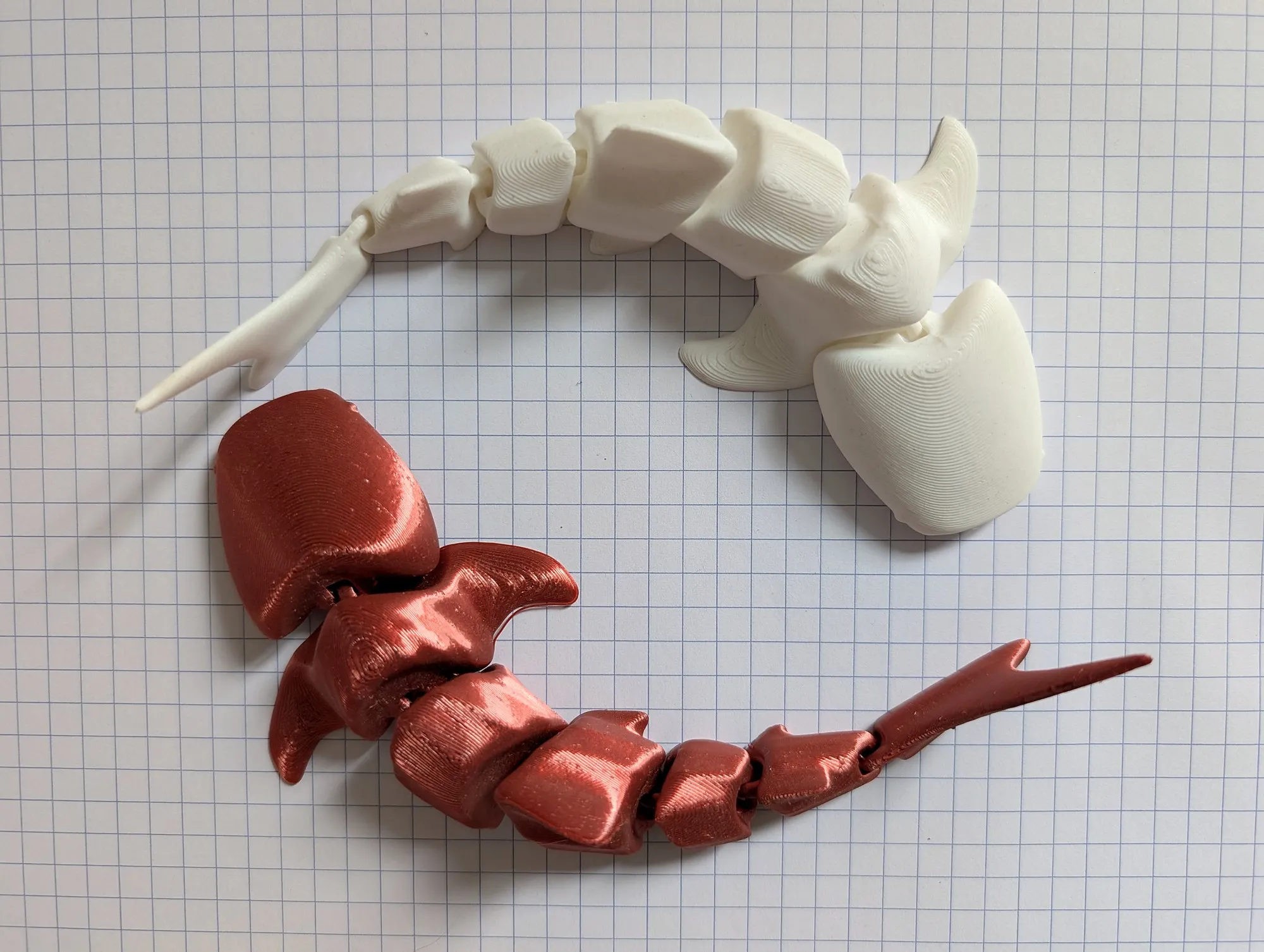 Two 3D printed articulated sharks curled on grid paper, one white and one copper.