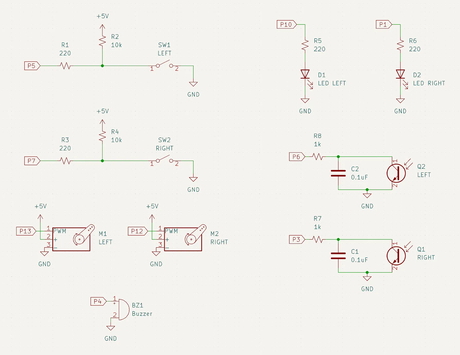 The BOE-Bot circuits redrawn in KiCad: whisker switches, indicator LEDs, servos, buzzer, and the phototransistor RC pairs