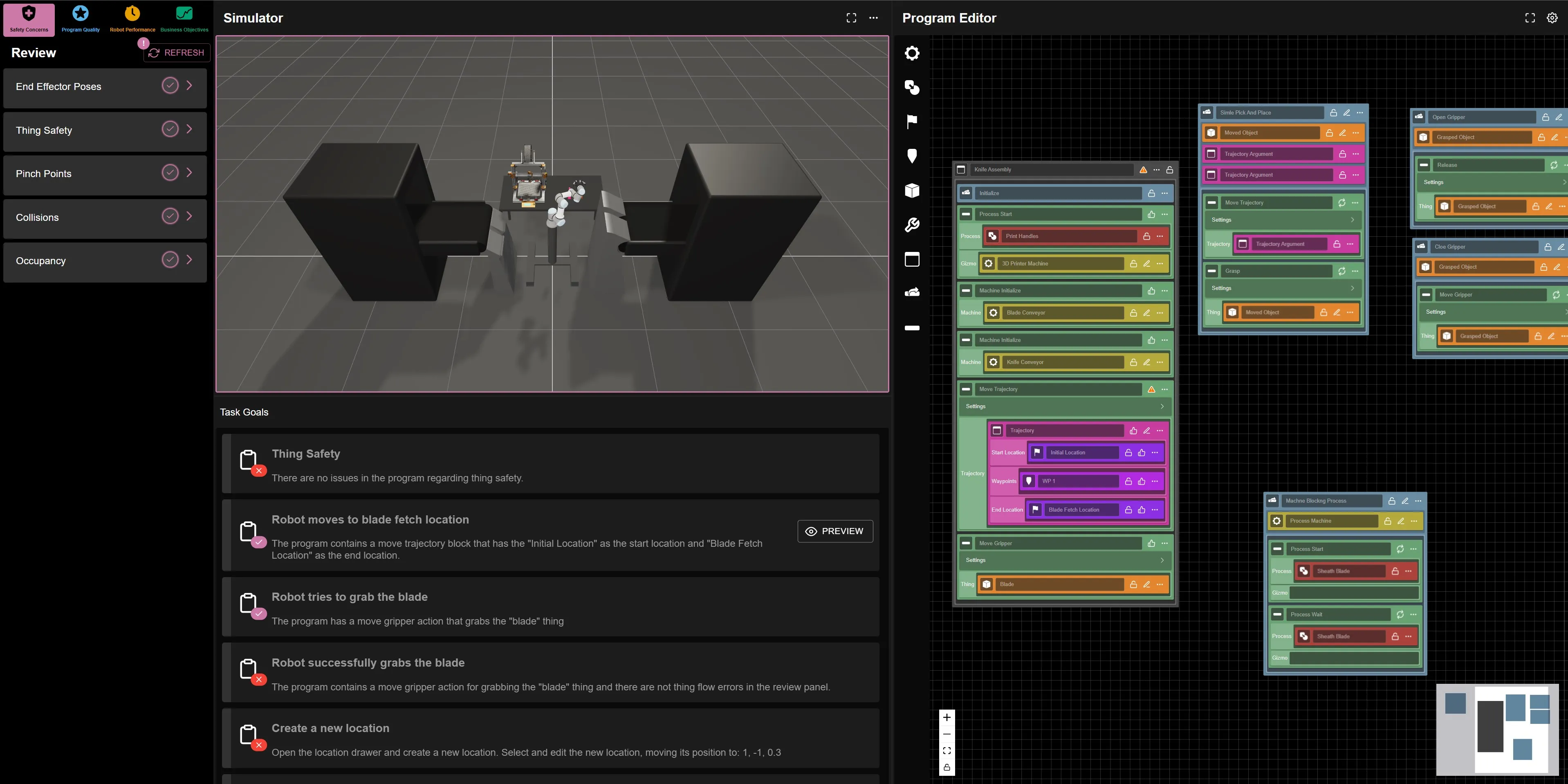 CoFrame's interface: the simulator and task goals on the left, the tile-based program editor on the right, and the review panel organized by expert frame
