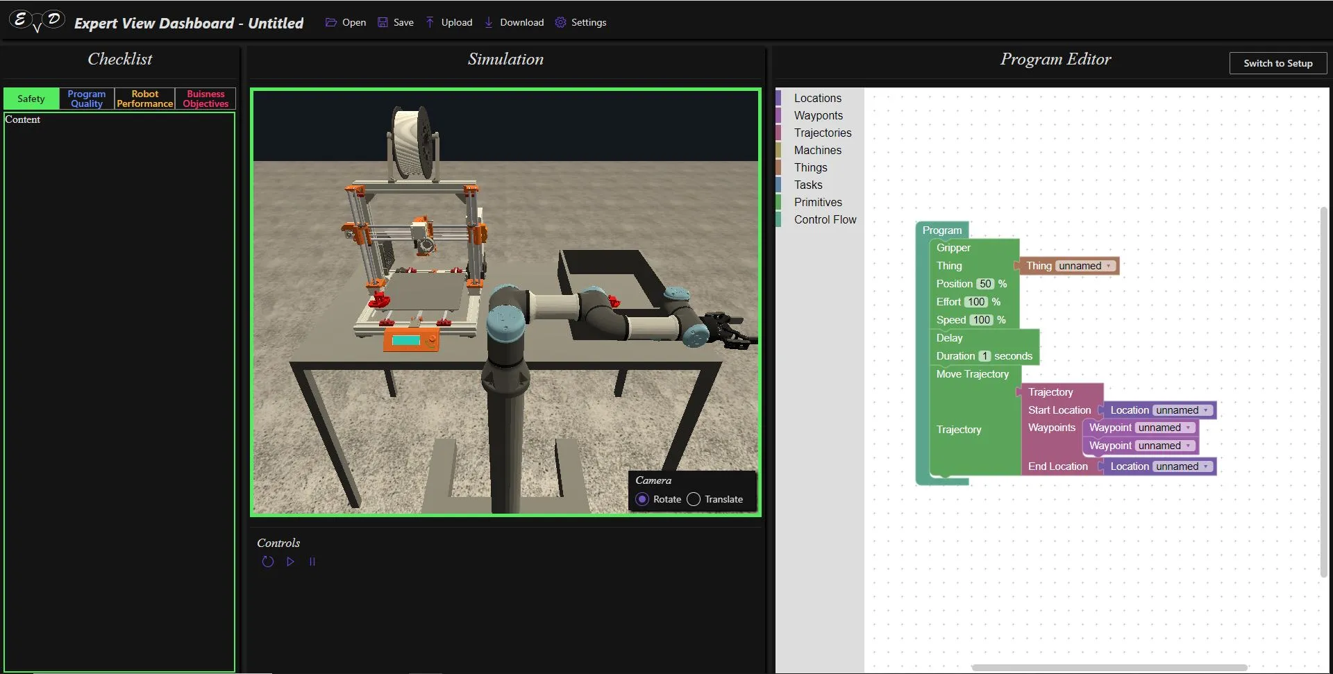 The Expert View Dashboard: checklist with four frame tabs, a simulated workcell with a 3D printer and cobot, and a Blockly-style program editor