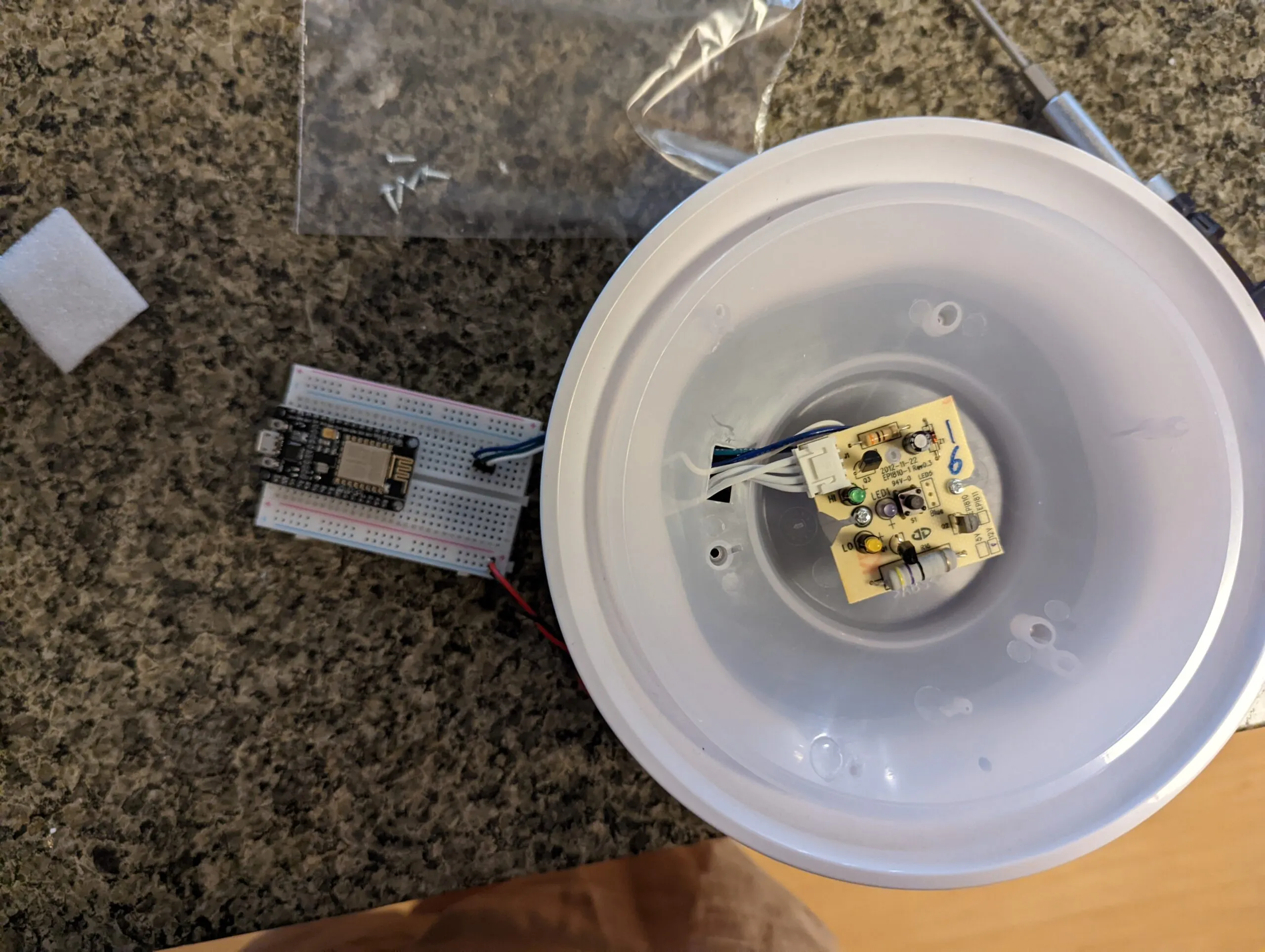 First bench hookup: a NodeMCU on a breadboard wired into the Koios control dome