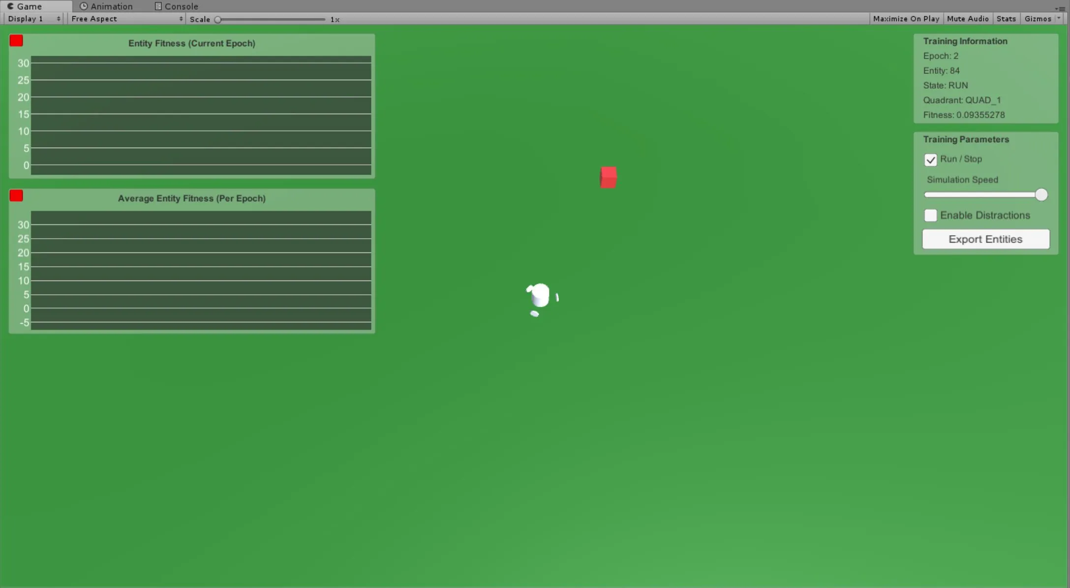 The Unity training scene: fitness graphs on the left, the spinbot agent chasing its red target, epoch and fitness readouts on the right