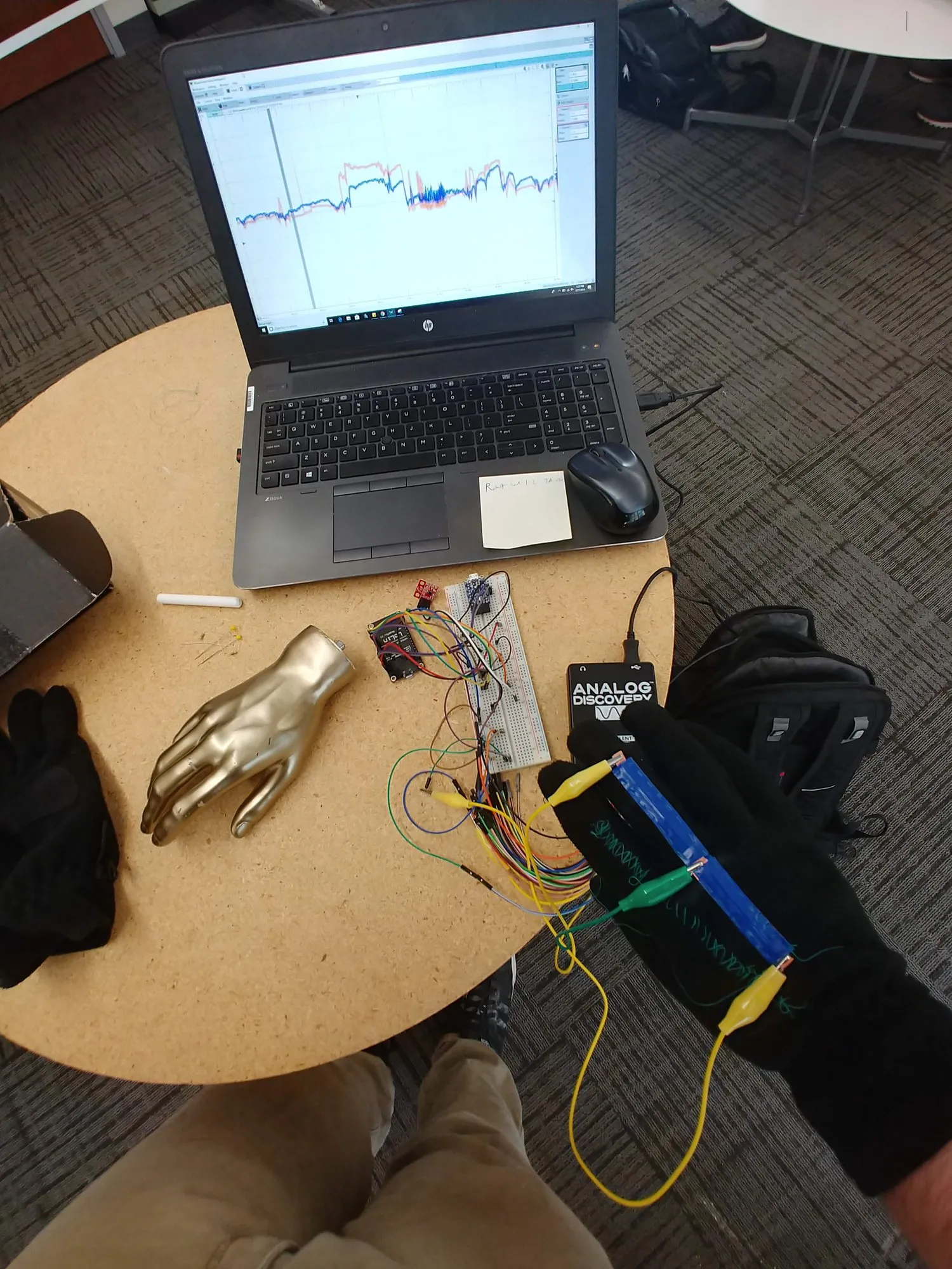The bench: laptop with a sensor plot, the mannequin hand, the dev board, and the glove.