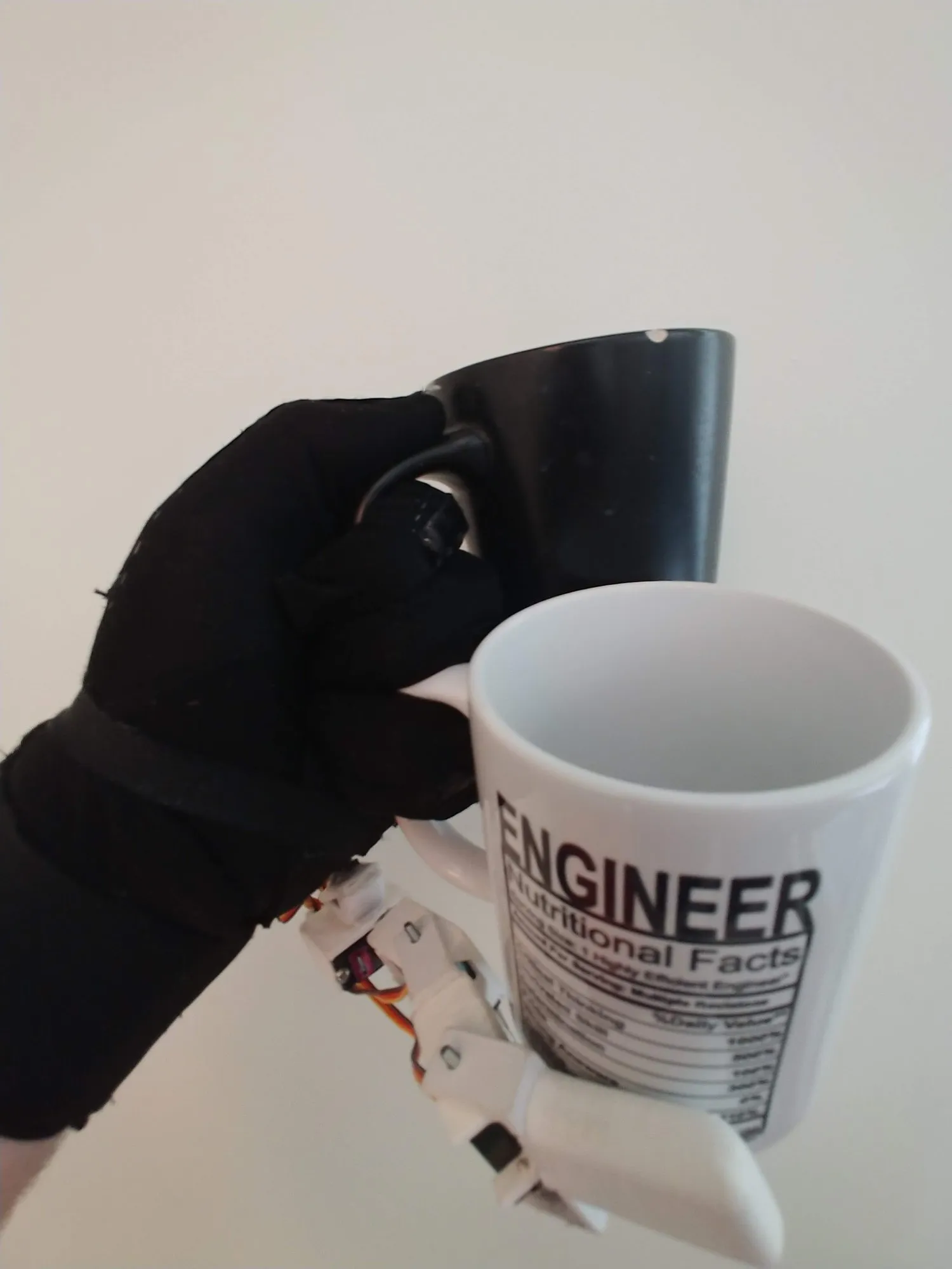 The gloved hand holding a mug by the handle, the finger wrapped under it.
